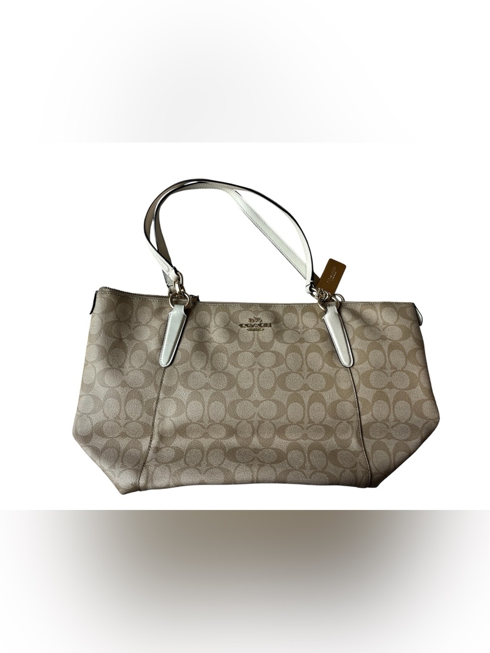 COACH AVA SIGNATURE TOTE BROWN / TAN WHITE STRAPS